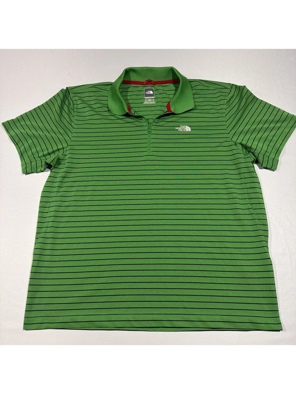 The North Face Mens Shirt Size LargeGreen Polo Striped Zip Short Sleeve Collared